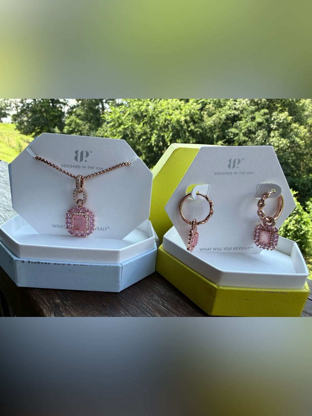 Bomb Party Necklace & Matching Earrings Set Rose Quartz NEW